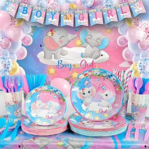 327Pcs Gender Reveal Party Supplies, Baby Shower Decorations Serves 25 Guests, Boy or Girl Elephant Gender Reveal Ideas with Tableware, 120pcs Balloons, Backdrop Cover