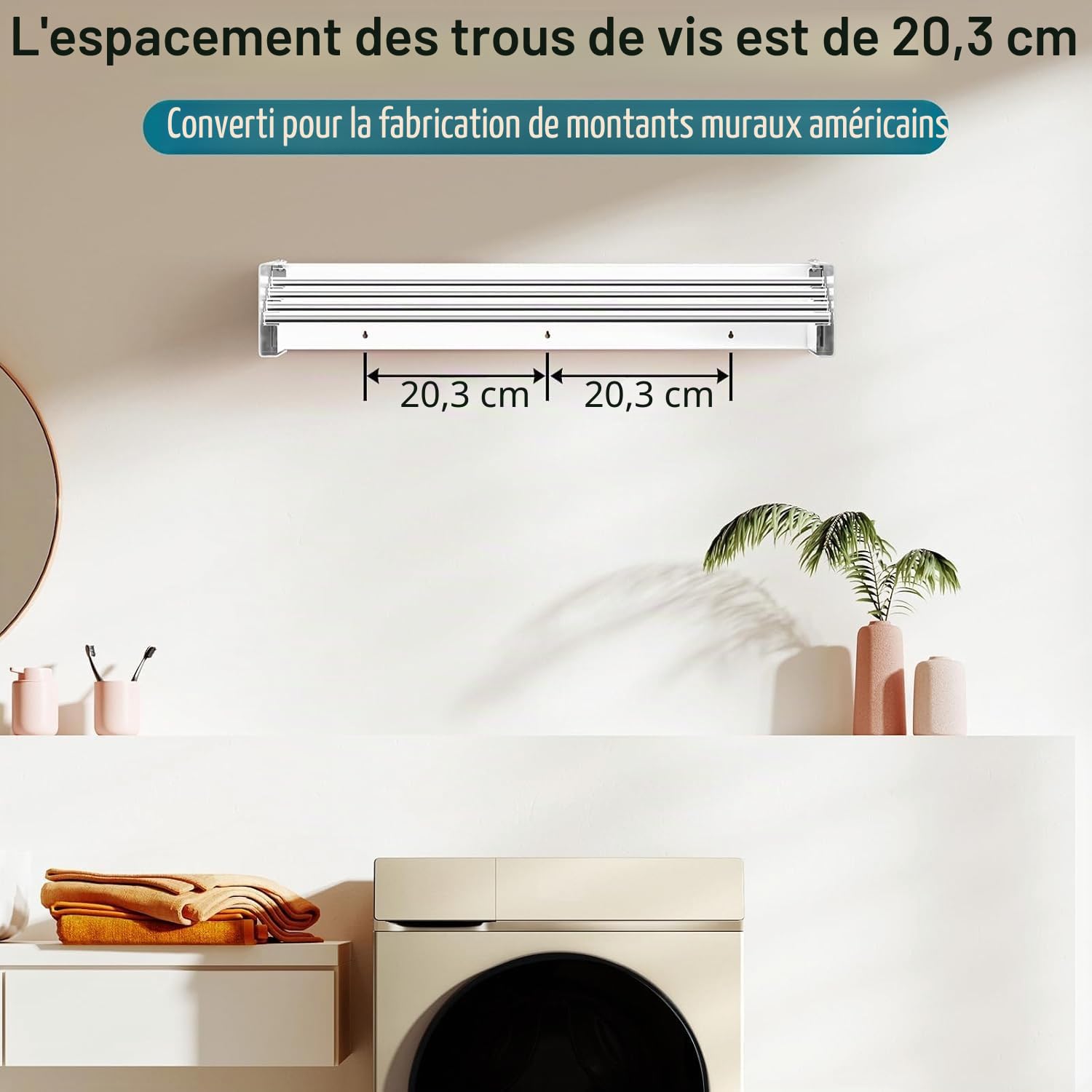 Étendoir mural – 60 cm de large, 9,9 m pieds linéaires, 4 tiges en aluminium, capacité de 18,1 kg avec gabarit mural, tournevis, foret
