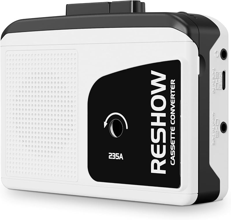 Reshow Grabador de reproductor de casete, convertidor de casete a MP3 portátil con USB-C, parlante incorporado, convertidor de cinta de audio a digital, grabación inversa para sonido estéreo - Blanco