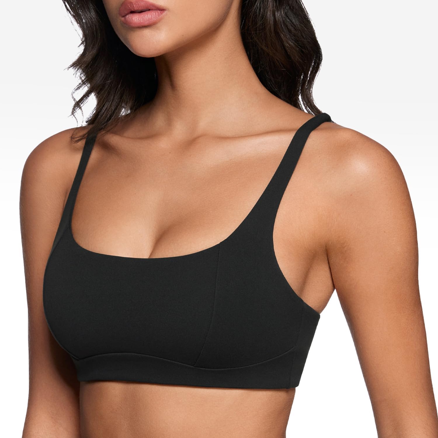 Women's Square Scoop Neck Sports Bra Thin Strap Padded Low Impact Yoga Bra Wireless Workout Crop Top - Image 2