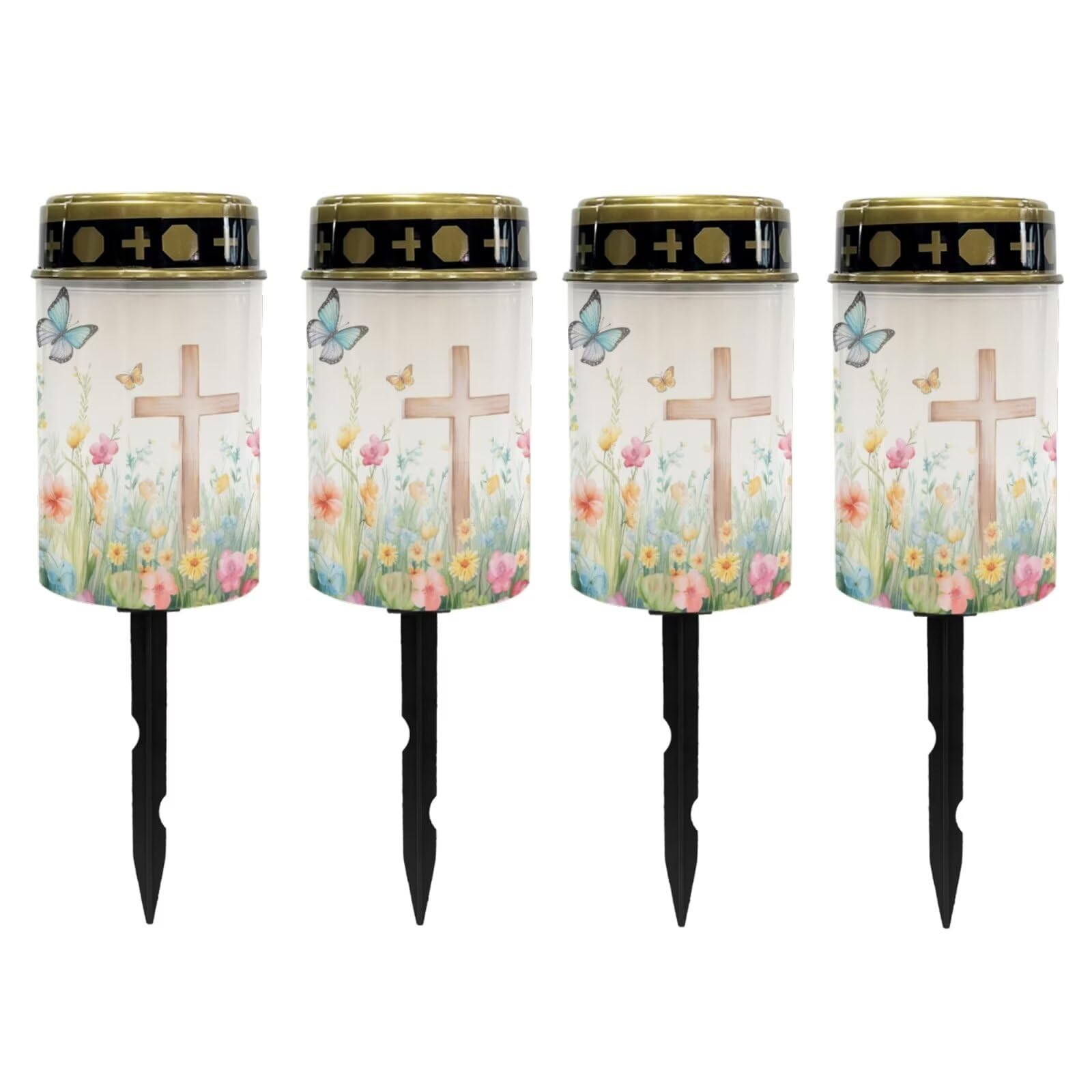 Poceacles Cross Solar Powered Outdoor Lights - Cemetery Memorial Candle, Waterproof Landscape Light for Yard, Patio, Lawn, Home Decor - Cross Butterfly Floral, Pack of 4