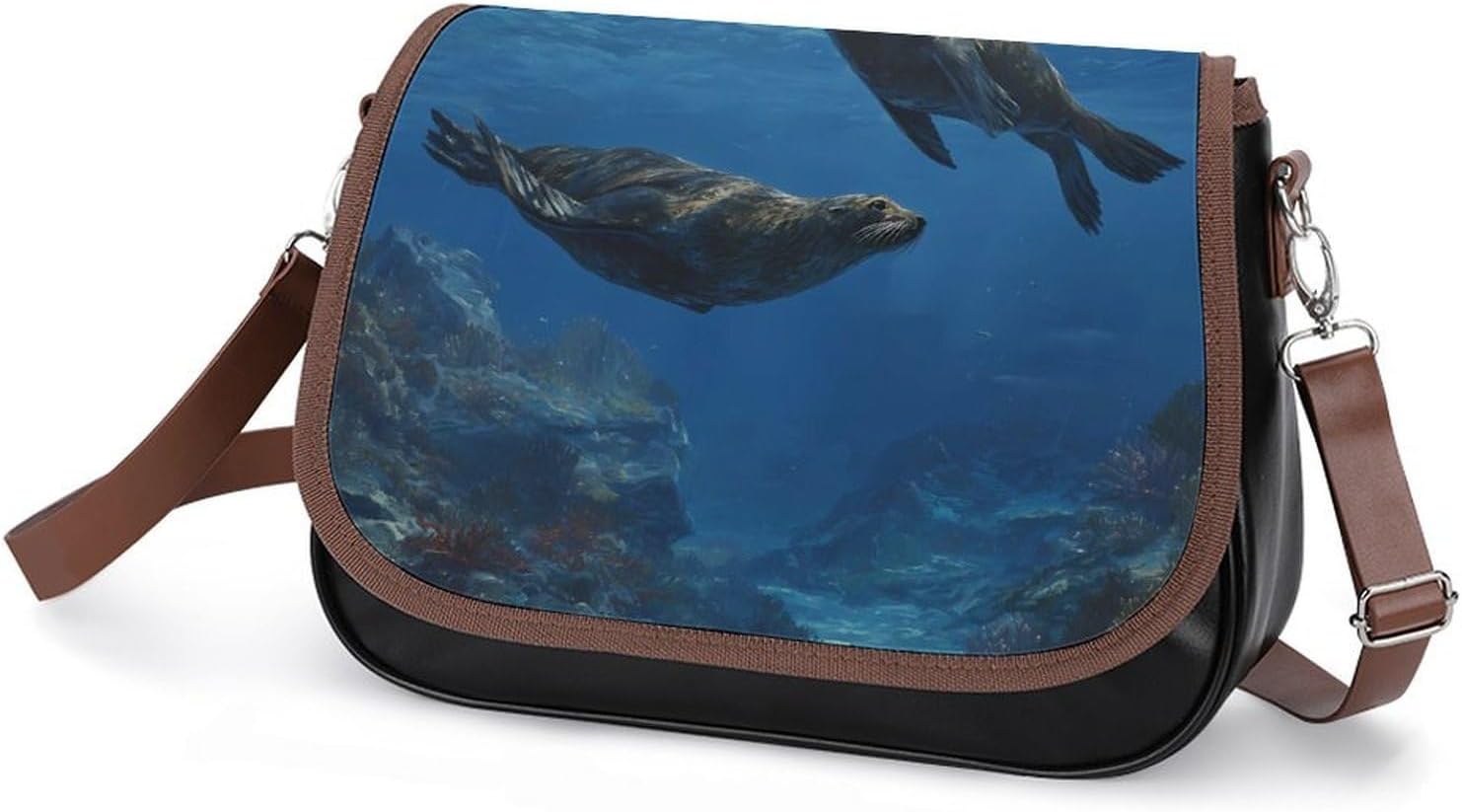 Sea Lion Swimming in Ocean Women Crossbody Purse Leather Messenger Bag Handbags Shoulder Strap Bags