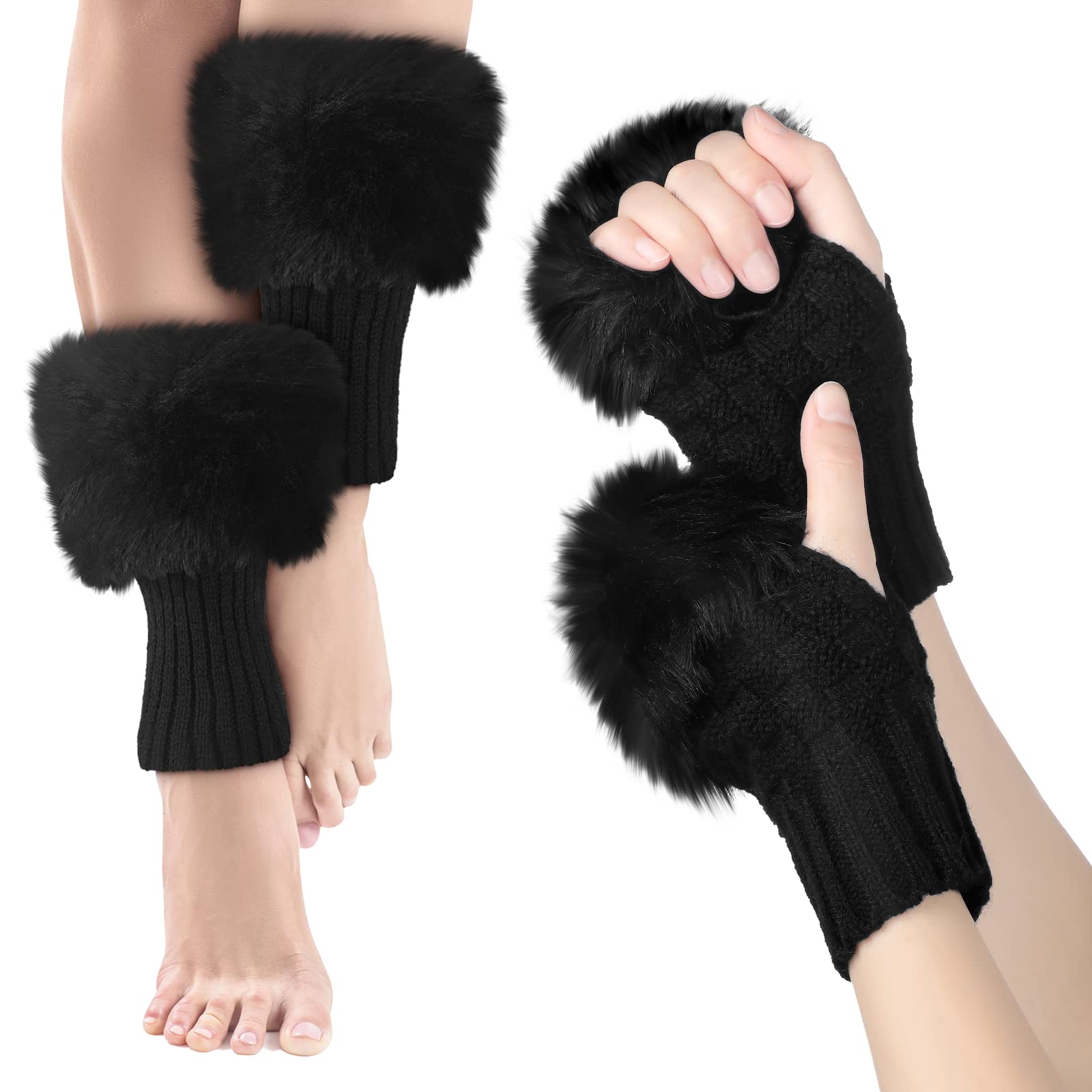 Bencailor Winter Fluffy Leg Warmers and Wrist Cuffs Warmers Set, Include Boot leg Cuffs Furry Fingerless Gloves