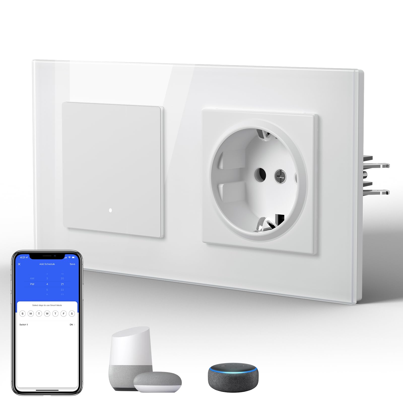 BSEED Steckdose mit Lichtschalter Unterputz 1 Fach 1 Weg WIFI Smart Lichtschalter (Neutralleiter Erforderlich), Compatibel mit Alexa/Google Home，157mm，Weiß