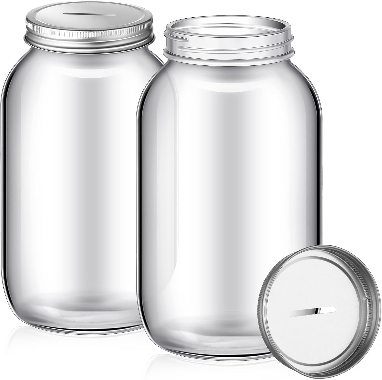 Skylety 2 Pack Large Clear Glass Coin Bank with Slotted Silver Lid - Adults Money Saving Tip Jar for Kids Raffle Ticket Drawing Fund Box