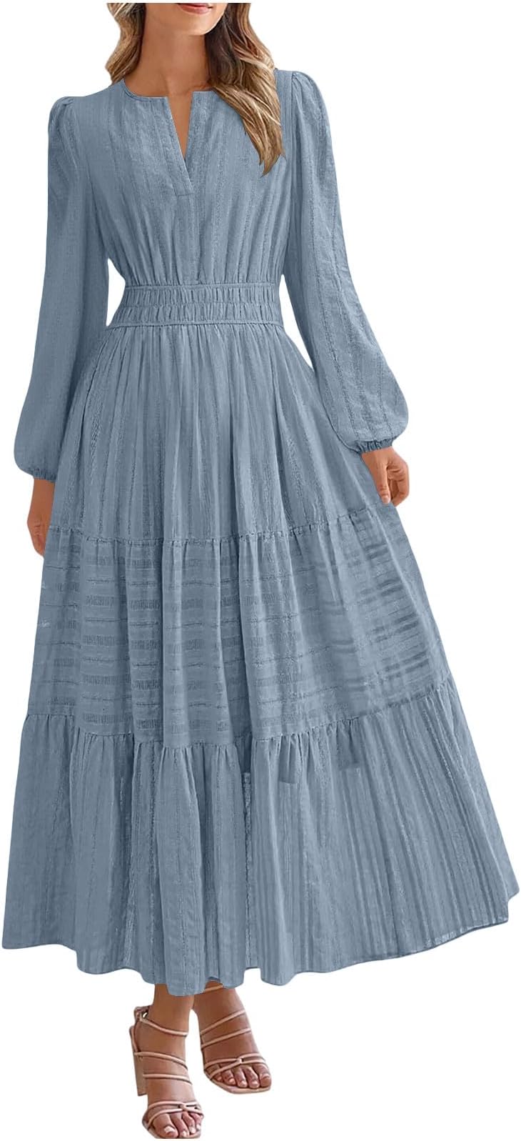 Holiday Dresses for Women Summer Trendy Solid Color Long Sleeves V-Neck Maxi Swing Dress Beach Casual Sundress
