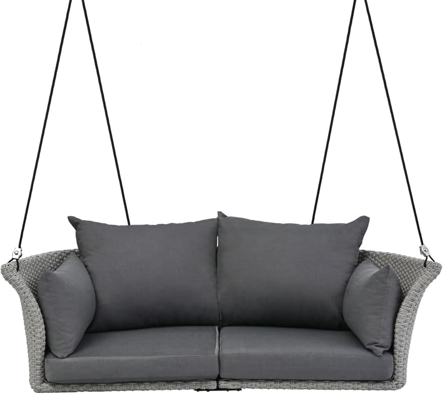 51.9" 2-Person Rattan Woven Hanging Swing Chair, Gray Wicker Porch Swing with Ropes and Cushions, 500lbs Capacity for Garden, Balcony, and Living Room (Gray)