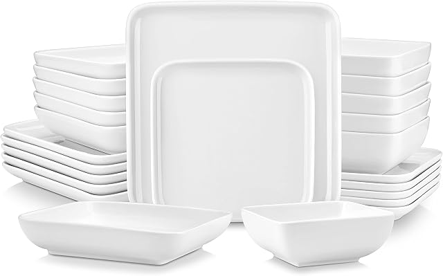 MALACASA, Series Ivy, 24 Pieces Dinner Set Square Ivory White Porcelain Dinnerware Set of 6 x 7" Dessert Plates, 6 x 8" Soup Plates, 6 x 10" Dinner Plates and 6 x 6" Bowl, Service for 6