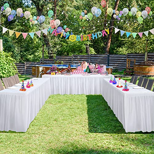 Partisky Plastic Table Skirts For Parties Disposable,White Plastic Tablecloths For Rectangle Tables 14Ft Weddings Baby Showers 2-Pack #TOP3