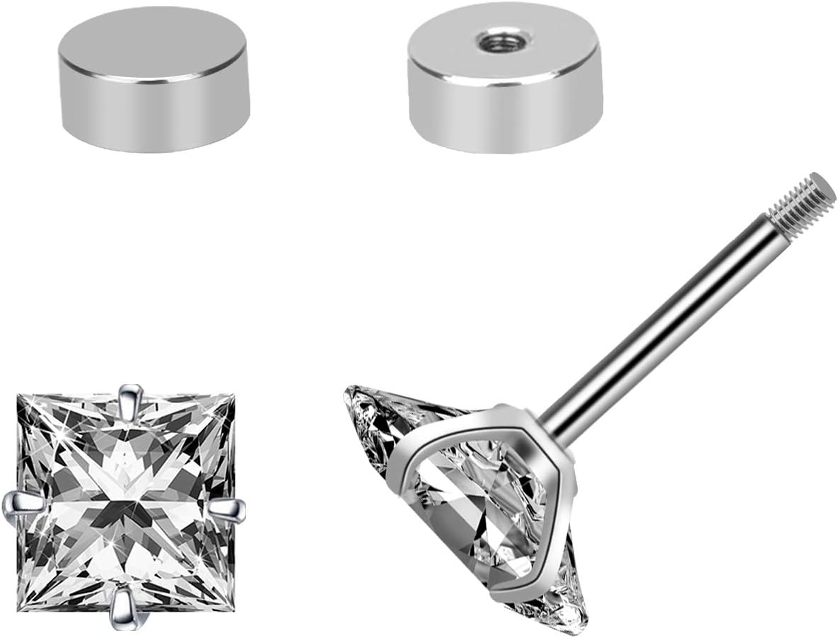 Princess Cut Clear Cubic Zirconia Stud Earrings for Women Men Square Earrings Studs Hypoallergenic Surgical Steel Helix Screw Back Earrings 18G 5 Pairs 3-7mm