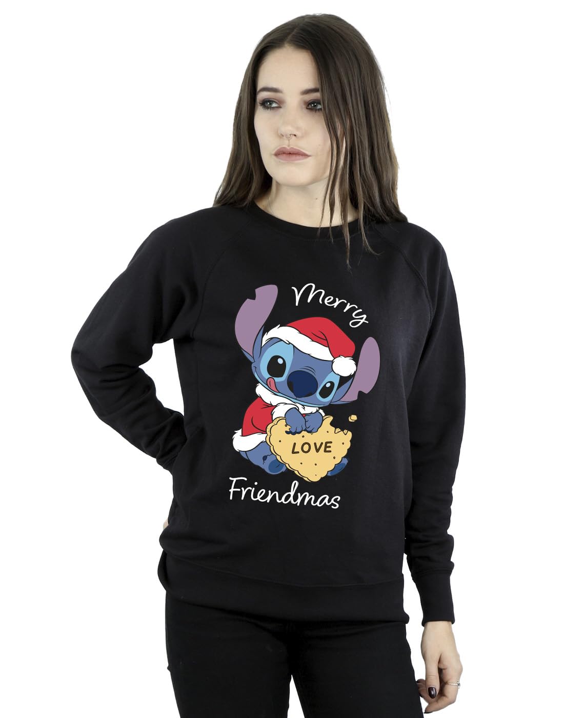 Absolute Cult Women's Black Disney Lilo & Stitch Merry Friendmas Sweatshirt Medium