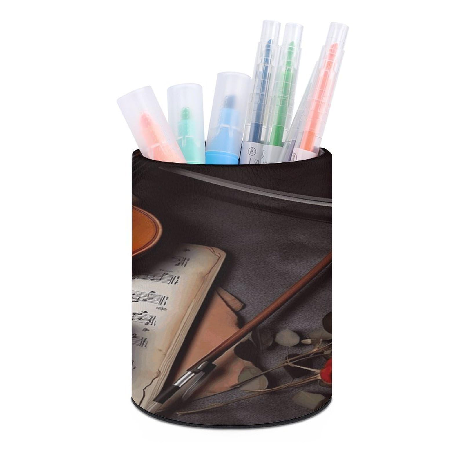 VstaDank Violin Sheet Music Pen Holder PU Leather Pencil Cup Minimalist Desk Pencil Holder Round Make Up Brush Organizers For Office Dorm Room&Vanity Desk Accessories
