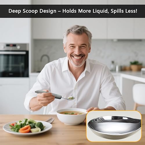 Miniatura 6 de Utensilios adaptativos con peso de 4 piezas, utensilios con peso para temblores de manos, utensilios de Parkinson en ángulo de 45, utensilios