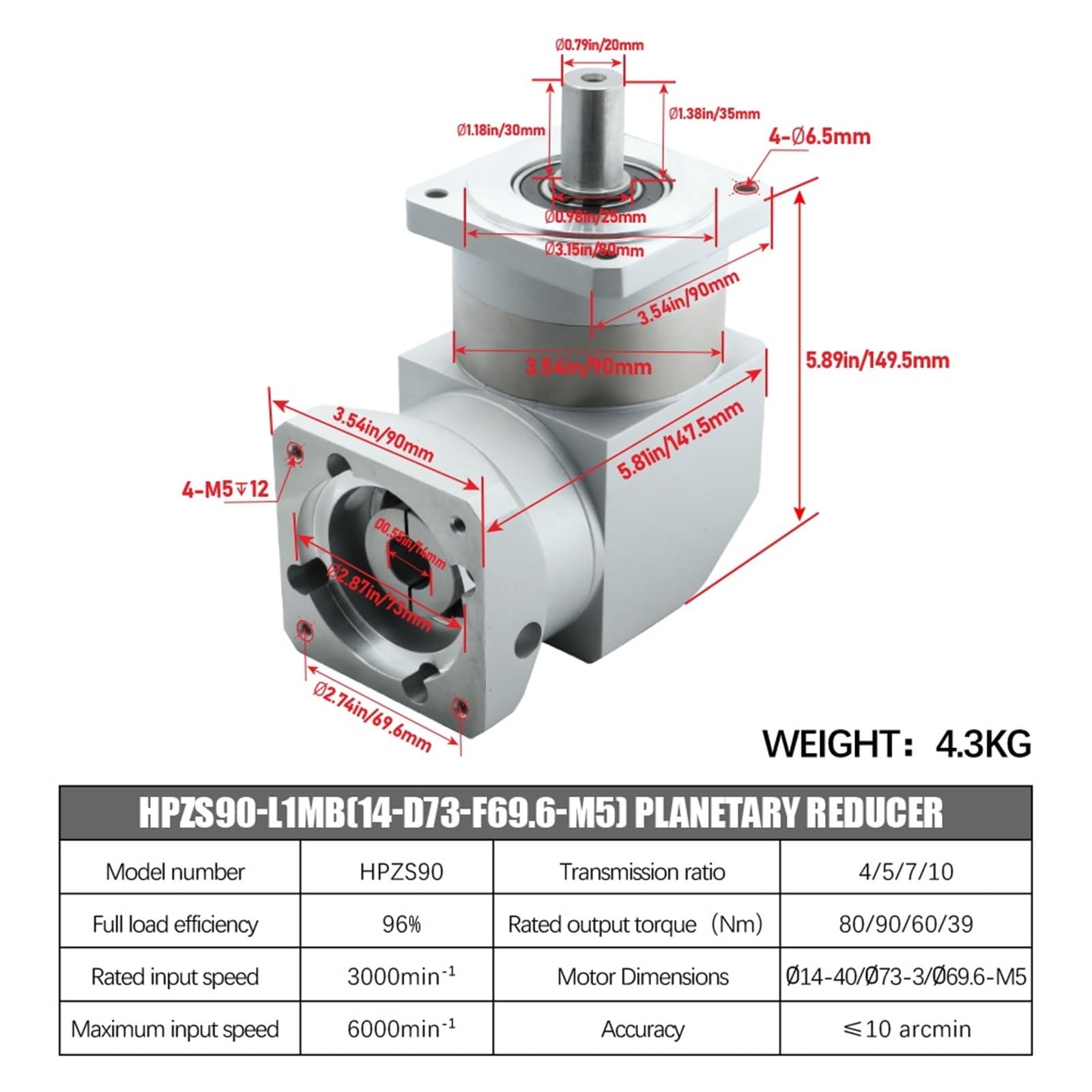 Riduttore epicicloidale ad angolo retto HPZS90 da 90 gradi con motore passo-passo NemaStepper 14 a 19 mm, servo 80ST(50 TO 1-14 INPUT FOR NEMA34)