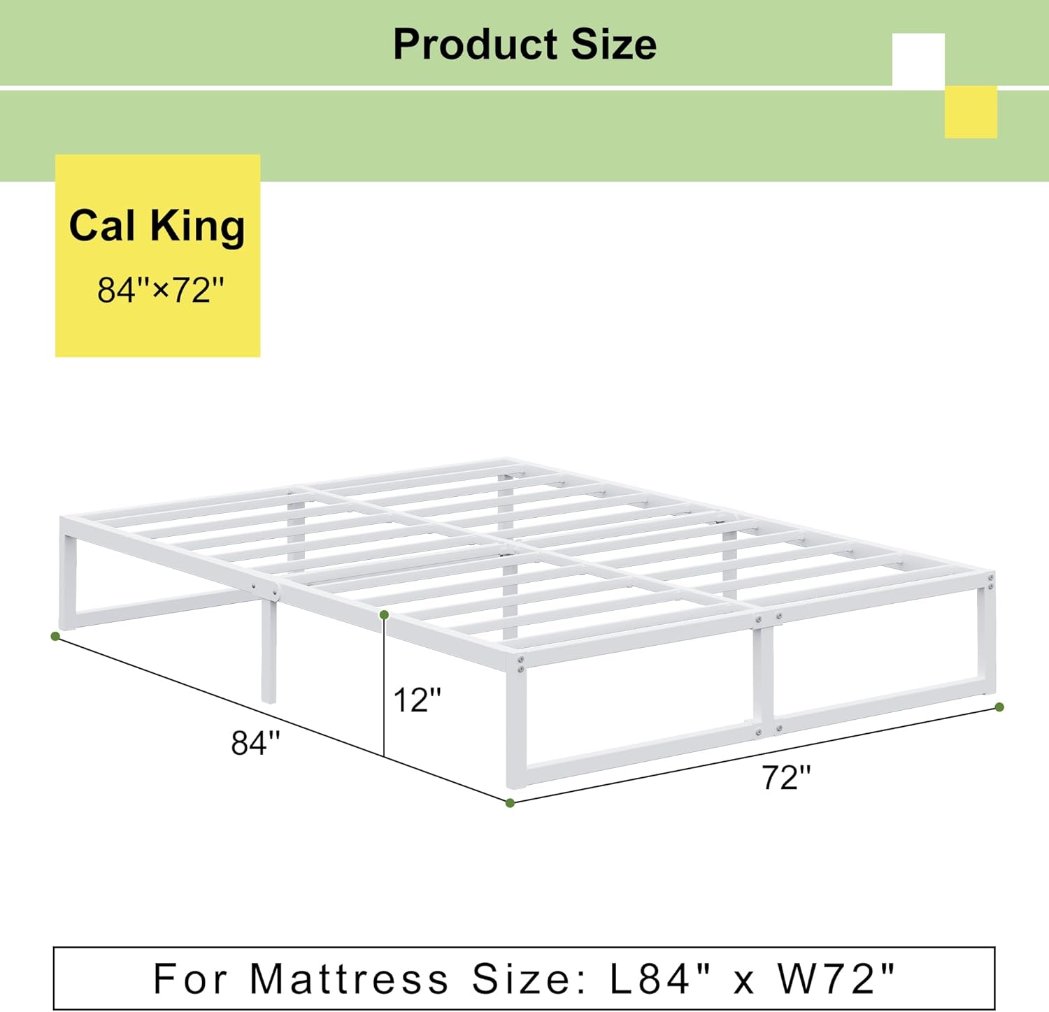 EMODA 12 Inch California King Bed Frame, Metal Platform Bed Frame No Box Spring Needed, Heavy Duty Steel Slats Support, Easy Assembly, Noise Free, White