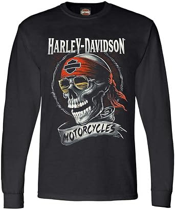 Harley-Davidson Mens Distressed Shady Skull Crew-Neck Long Sleeve Shirt - Black