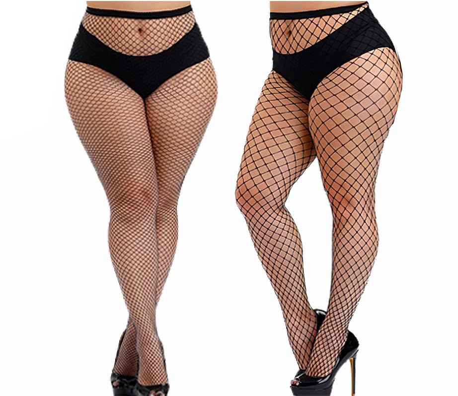 E-Laurels Plus Size Fishnet Stockings for Women,Plus Size Sexy Fishnets Tights-2 Pairs,Halloween Fish Net Stockings