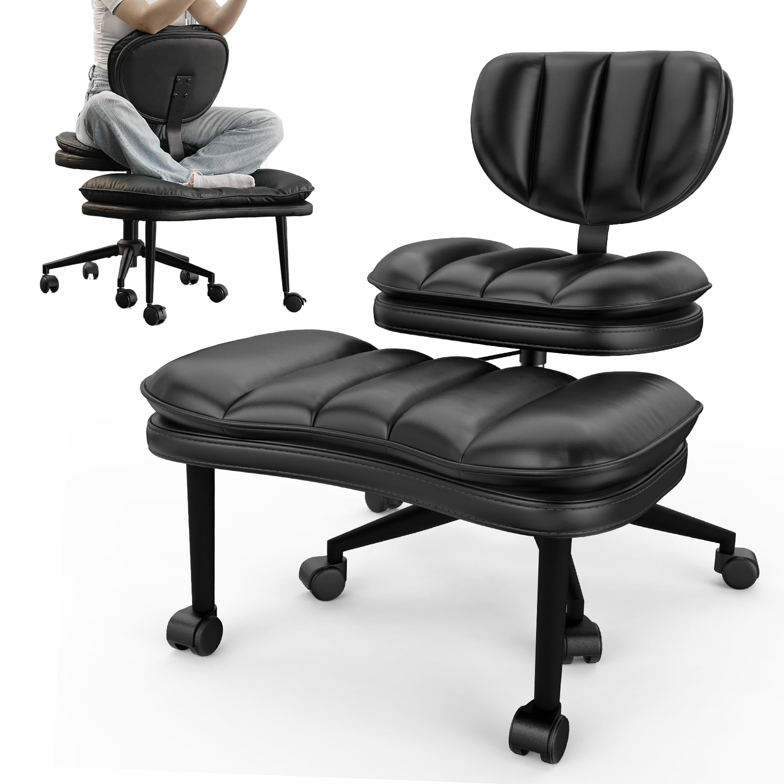 HOMRELEXA Bürostuhl mit Kreuzbeinen, 360° drehbar, Ergonomischer Kniestuhl, Criss Cross Schreibtischstuhl mit Verstellbarer Höhe, ADHS-Meditationsstuhl mit Rückenstütze, Cloud PU-Leder, Schwarz