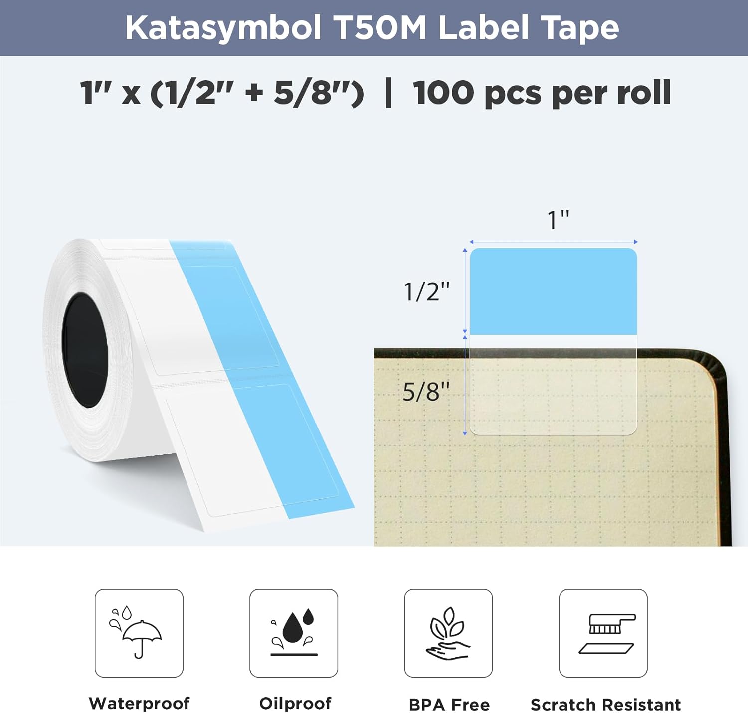 SUPVAN T50M Series Label Maker Thermal File Label, 0.98'' × 0.51'' + 0.59'' (25 × 13 + 15 mm) 100 PCS/Roll Genuine Laminated Waterproof Oilproof Adhesive Auto Detect Labels, Black on Blue - Image 2