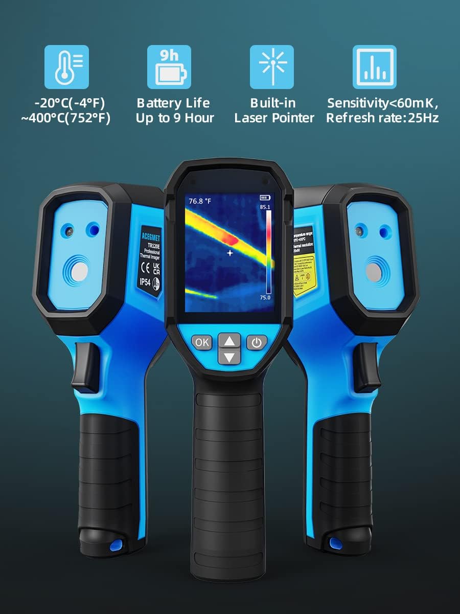 ACEGMET TR120E Thermal Imaging Camera, 120 x 90 IR Resolution Handheld Thermal Camera 10800 Pixels, 25 Hz Refresh Rate Thermal Imager with Laser Pointer, 2.4" LCD Screen, IP54, -4°F~752°F Range : Industrial & Scientific