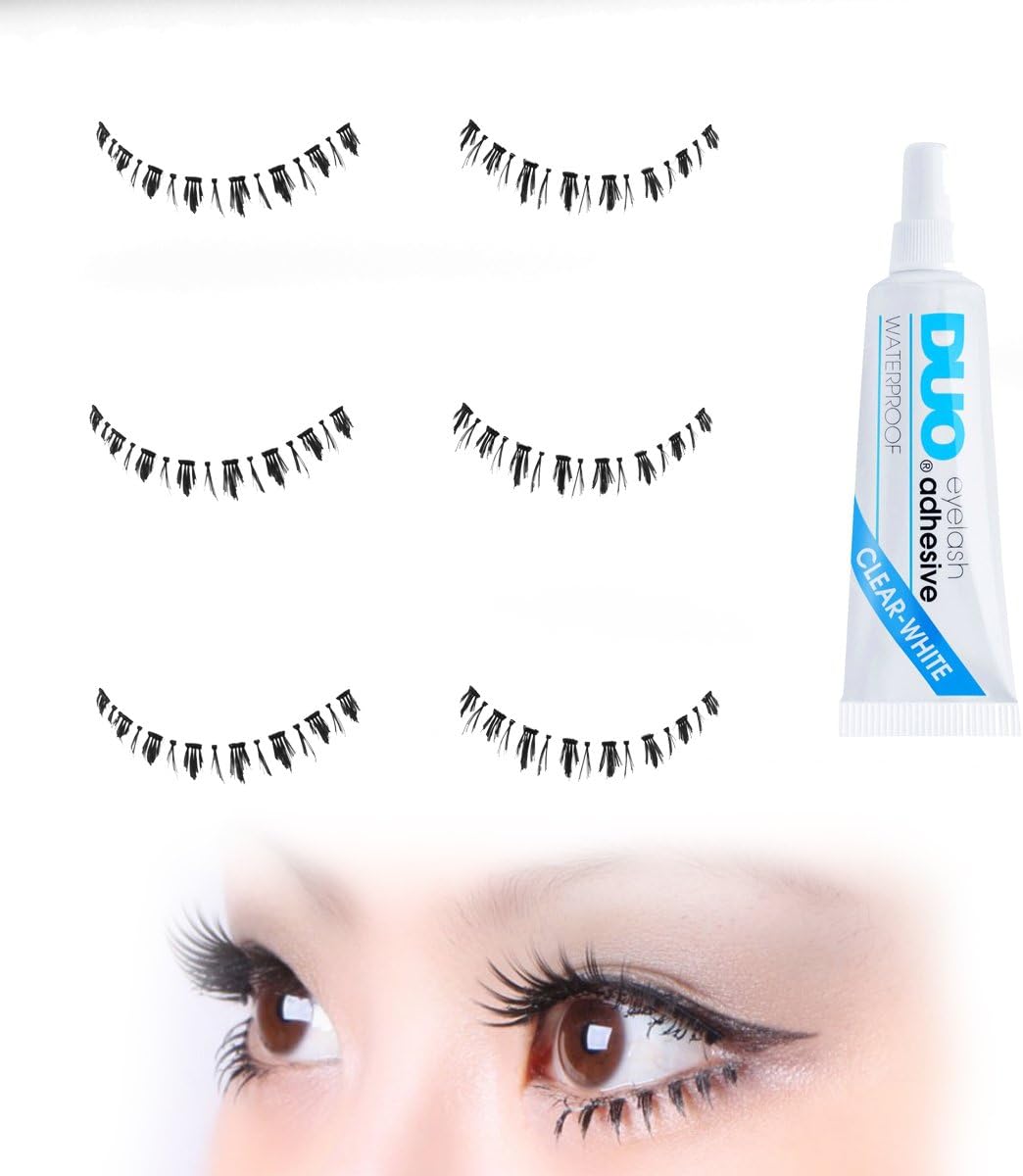 Flare-looking Strip Fake Bottom Eyelashes Set with Duo Clear Glue | 6 X Strip Wispies for Your Ultimate Eye Makeup Look - Black False Eyelashes 3 Pairs