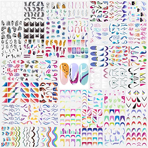 Hinzic 16 Sheets Stripes Nail Art Stickers 48 Styles Water Transfer Nail Stickers Heart Wave Rainbow Nail Decals For Nail Art Watermark Geometric Nail Art For Acrylic Nails Valentines Day Gift For Women French Nail Design #TOP4