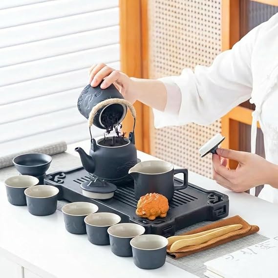 ICHAG Chinese Tea Set, Japanese Tea Sets for Adults, 15-Piece Porcelain Gongfu Tea Set with Tea Pet & Tea Tray, Japanese Teapot Set, Travel Tea Party Set, for Home/Office/Outdoor/Gifts (Black)