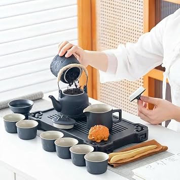 ICHAG Chinese Tea Set, Japanese Tea Sets for Adults, 15-Piece Porcelain Gongfu Tea Set with Tea Pet & Tea Tray, Japanese Teapot Set, Travel Tea Party Set, for Home/Office/Outdoor/Gifts (Black)