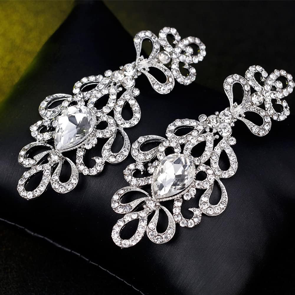 JWICOS Silver Floral Crystal Rhinestones Teardrop Dangle Earrings for Women Brides Chandelier Bridal Wedding Earrings Accessories - Image 3