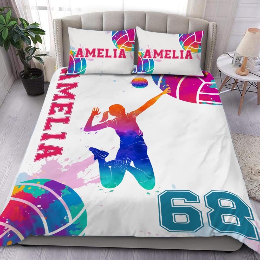 Custom Camo Volleyball Bedding Set, Volleyball Comforter Twin Full Queen King, Volleyball Team Gifts Ultra-Soft Lightweight (Watercolor Volleyball Player)