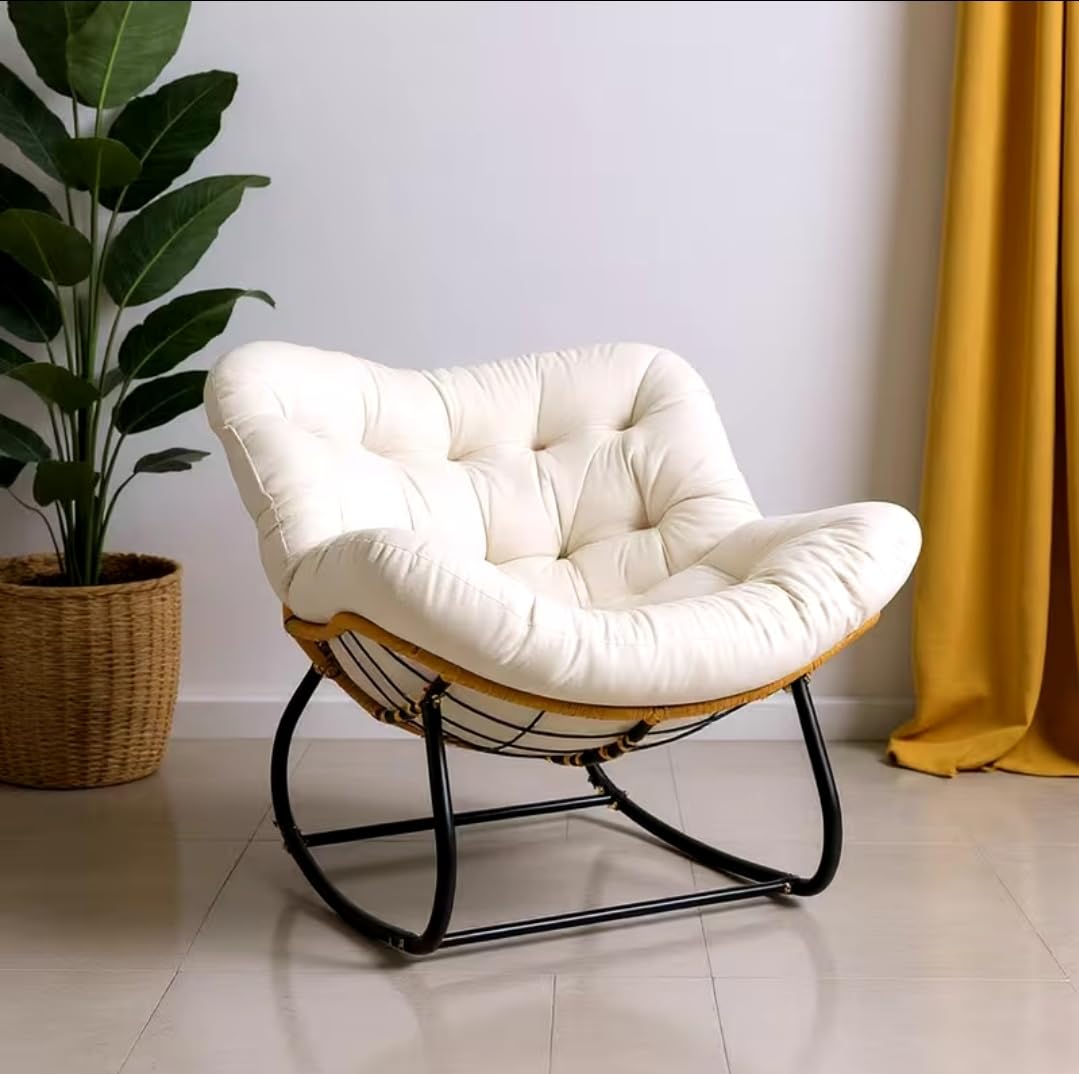 Egg Chairs Oversized Rattan Wicker Outdoor Rocking Chair Metal Frame Garden Rocking Chair Large Support Modern with Cushioned Seat