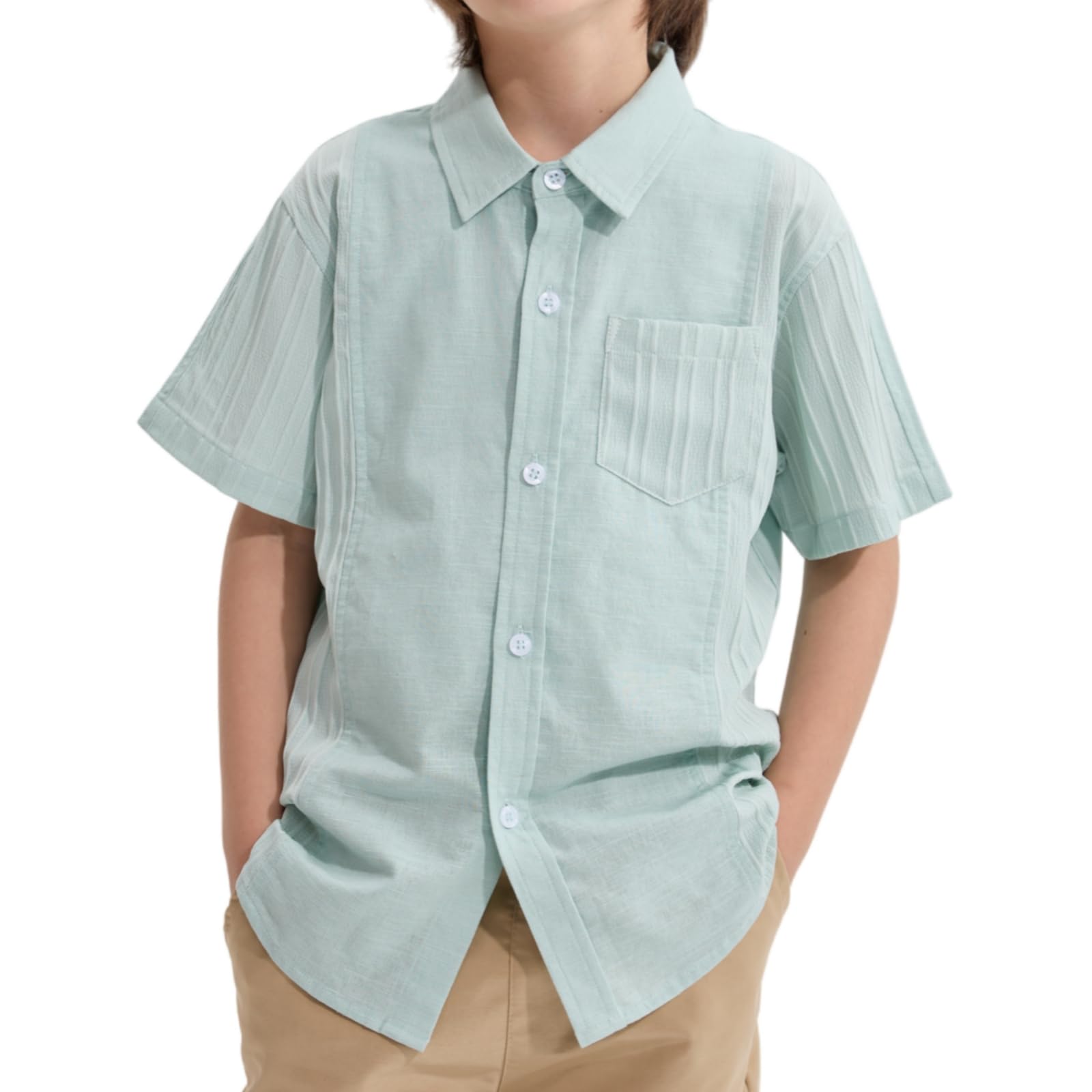 LOLANTA Camisa de Manga Corta para Niños, Mezcla de Algodón y Lino Transpirable, con Botones y Bolsillos, Corte Regular, Camisa de Verano Casual para la Escuela