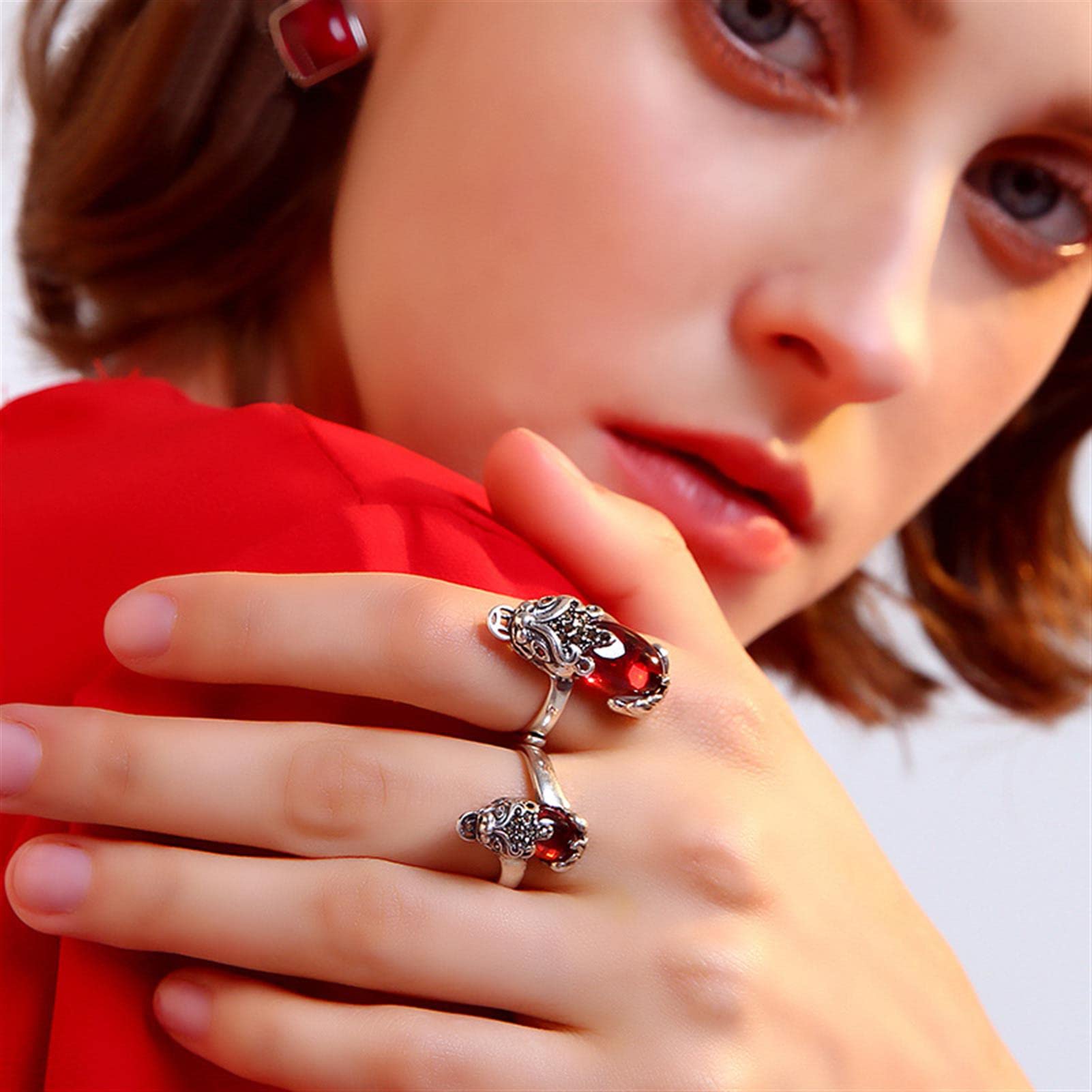 Vintage Glück Fingerring für Frauen 925 Sterling Silber Feng Shui Pixiu Offener Ring verstellbar mit roten Granaten Mamas Geschenk,Large,Adjustable