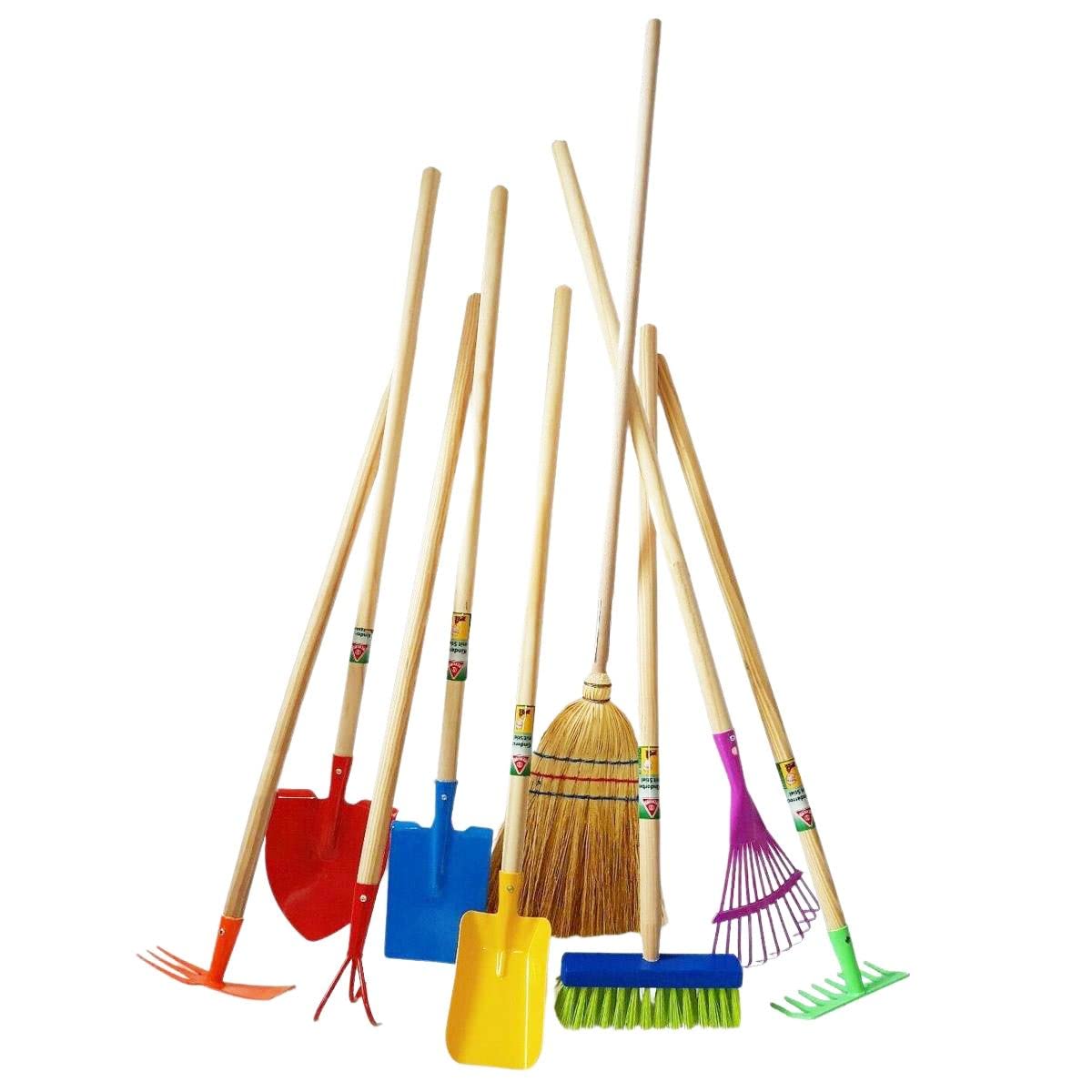 Rekord Kinder Gartengeräte Set 9-teilig Schaufel, Spaten, Rechen, Besen, Laubbesen, Grubber, Doppelhacke - Metall, Holz-Stiel (76cm) Gartenspielzeug, Kinder-Gartenwerkzeug