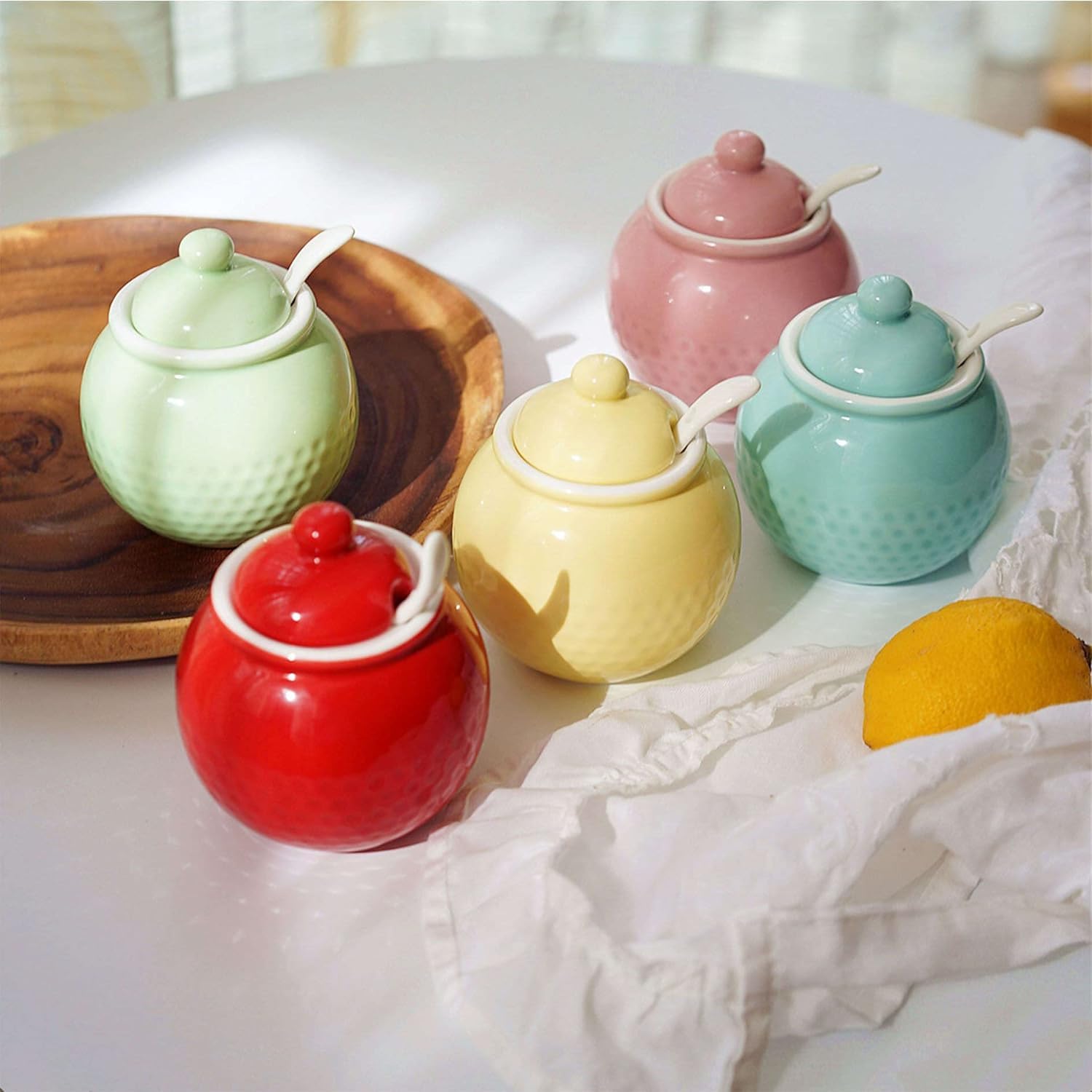 TBLOTYD Sugar Bowl European Sugar Bowl with Lid and Spoon 250ml/8.8oz Ceramic Coffee Sugar Canisters Colorful Sugar Pot Porcelain Spice Jar
