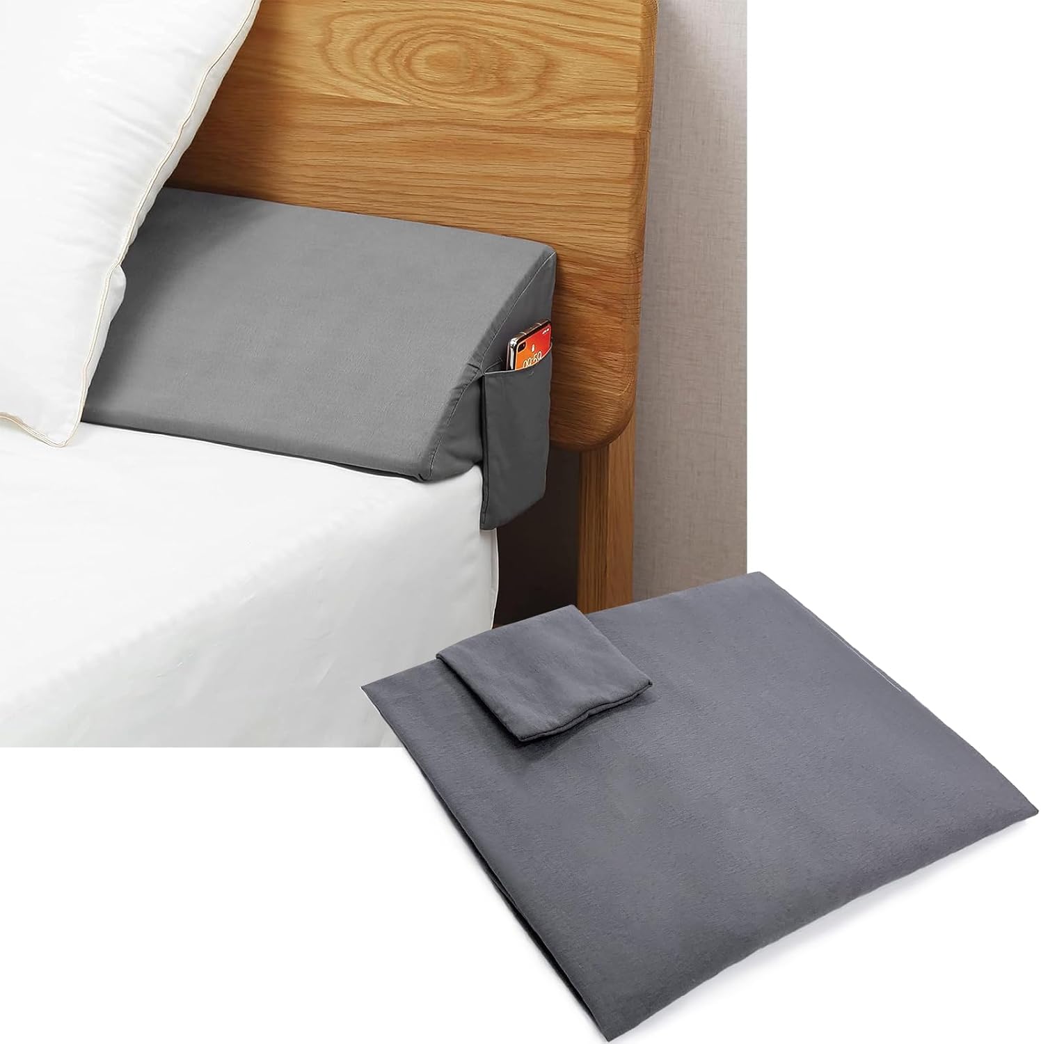 Vekkia Queen Bed Wedge Pillow for Headboard Gap+Gray Cover