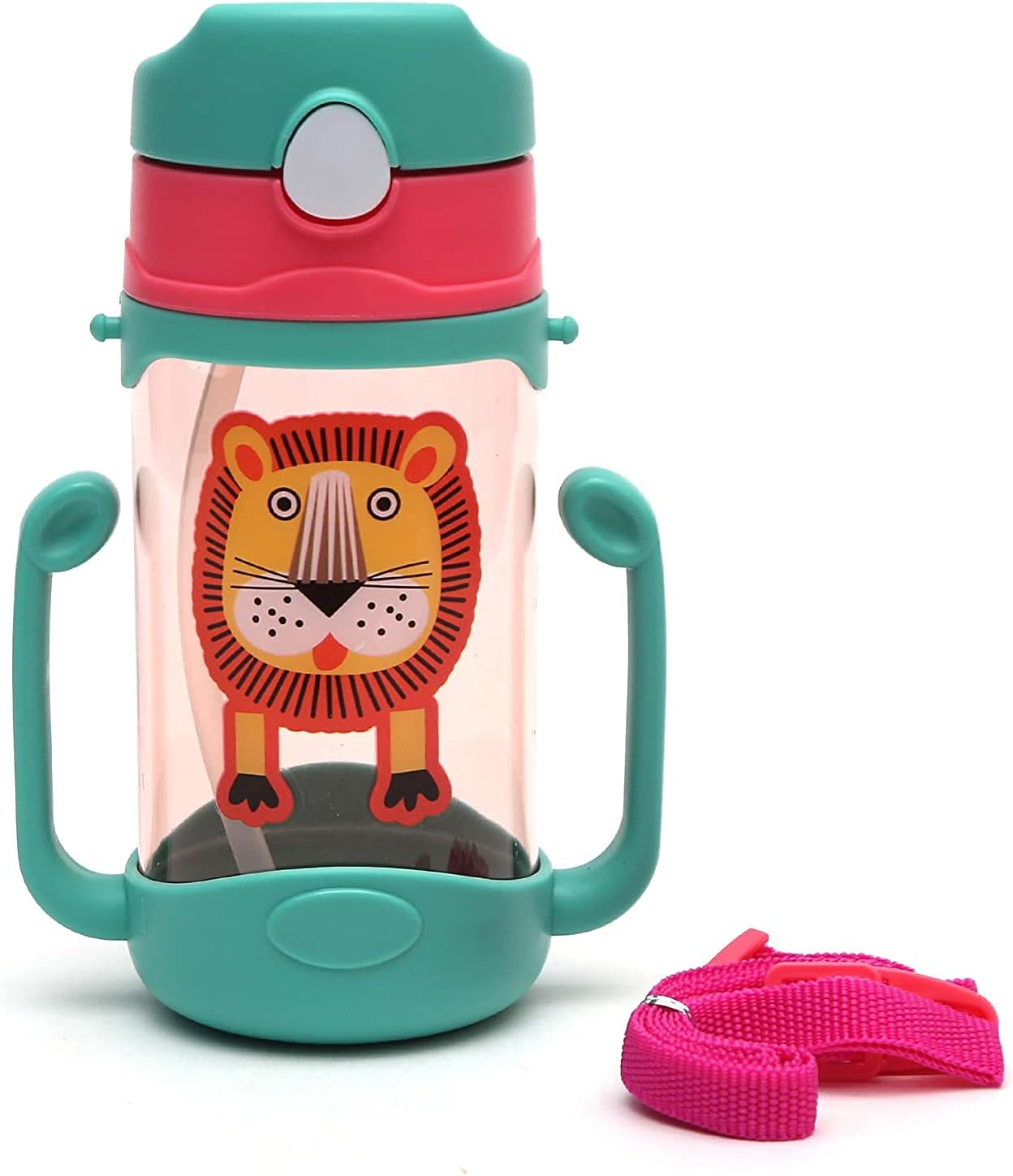 Plastic Straw Sippy Cup with Handle and Strap - Green, 400 ml