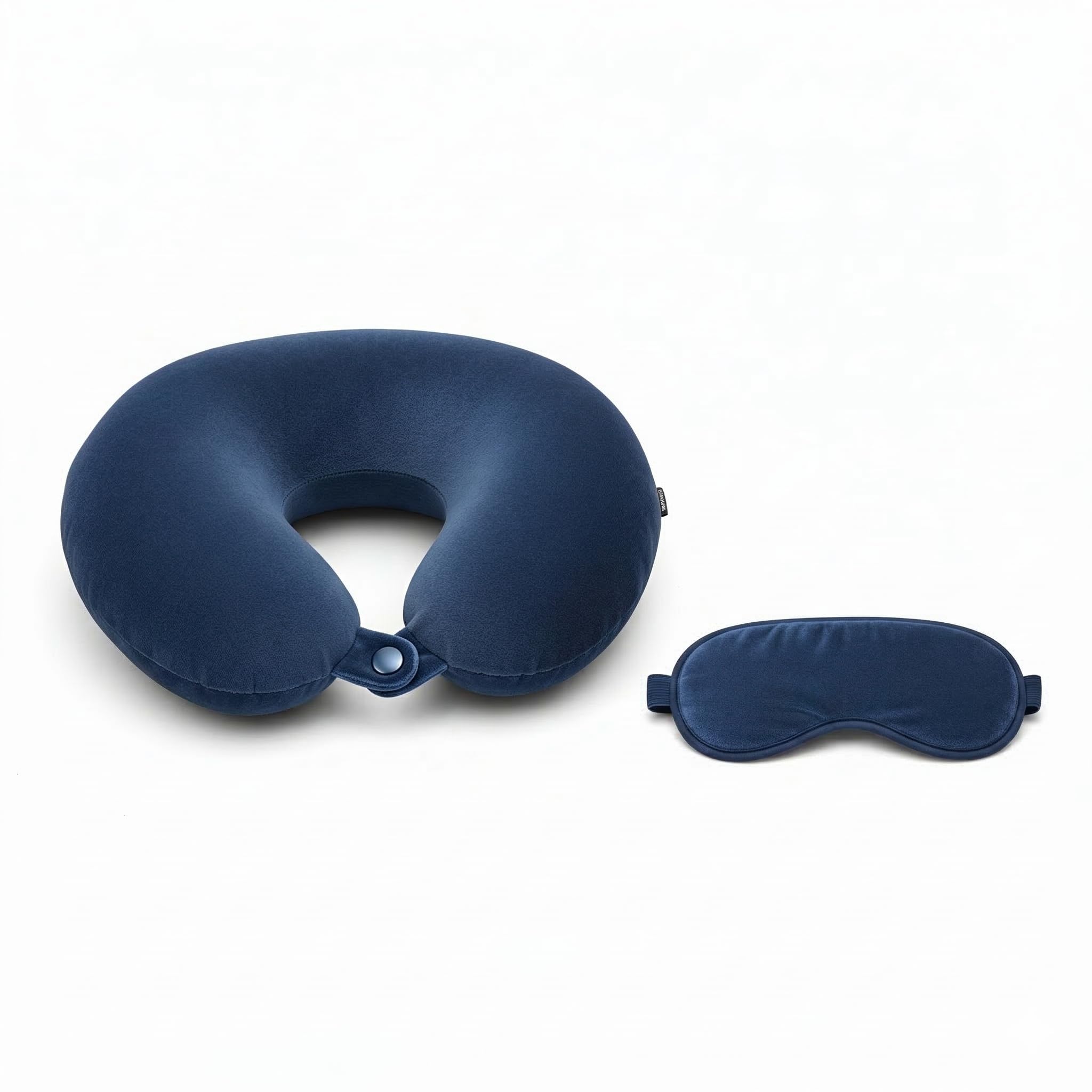 Travel Neck Pillow Set with Eye Mask, Navy Blue, Velvet, U-Shape, Memory Foam Fill, Button Closure, for Adults with Button Closure (Navy Blue)-image-12