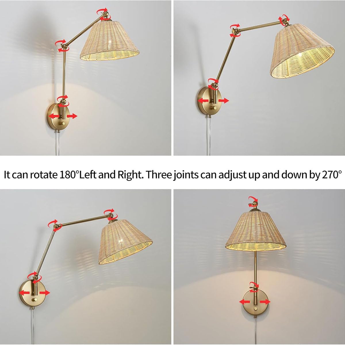 Kinkiet ścienny Vintage Rattan, regulowany, do wnętrz, E27, ściemnialny, z przełącznikiem, złoty, obrotowy, z kablem i wtyczką, lampa ścienna do czytania w stylu retro w stylu industrialnym, do sypia