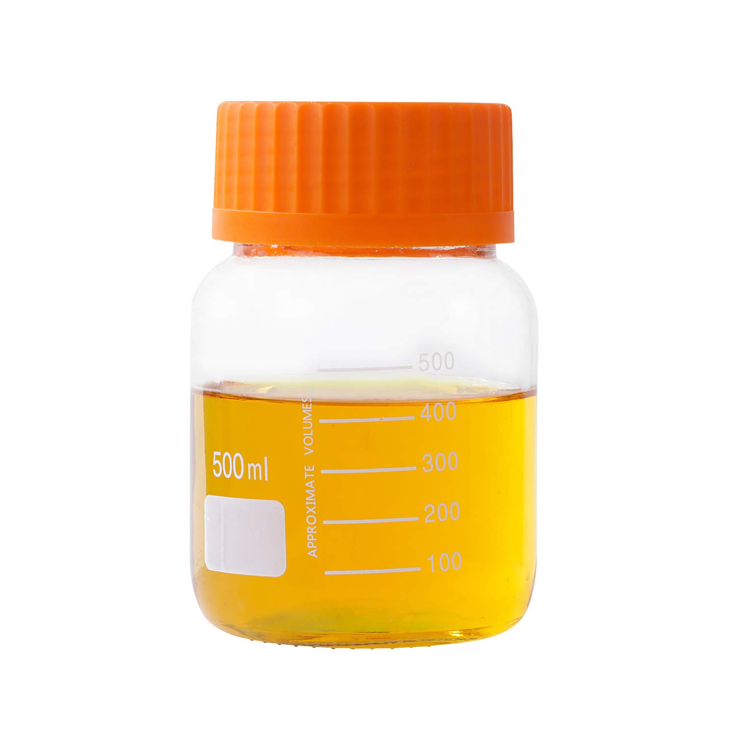 Moonetto Pyrex - Botella de vidrio graduada de boca ancha, 500 ml, con tapa de rosca de polipropileno naranja GL80 (paquete de 6)