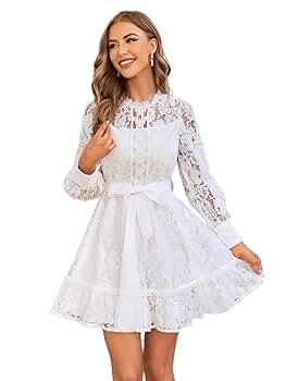 Women's 2024 Long Sleeve Mini Short Dress Ruffle Hem Belted