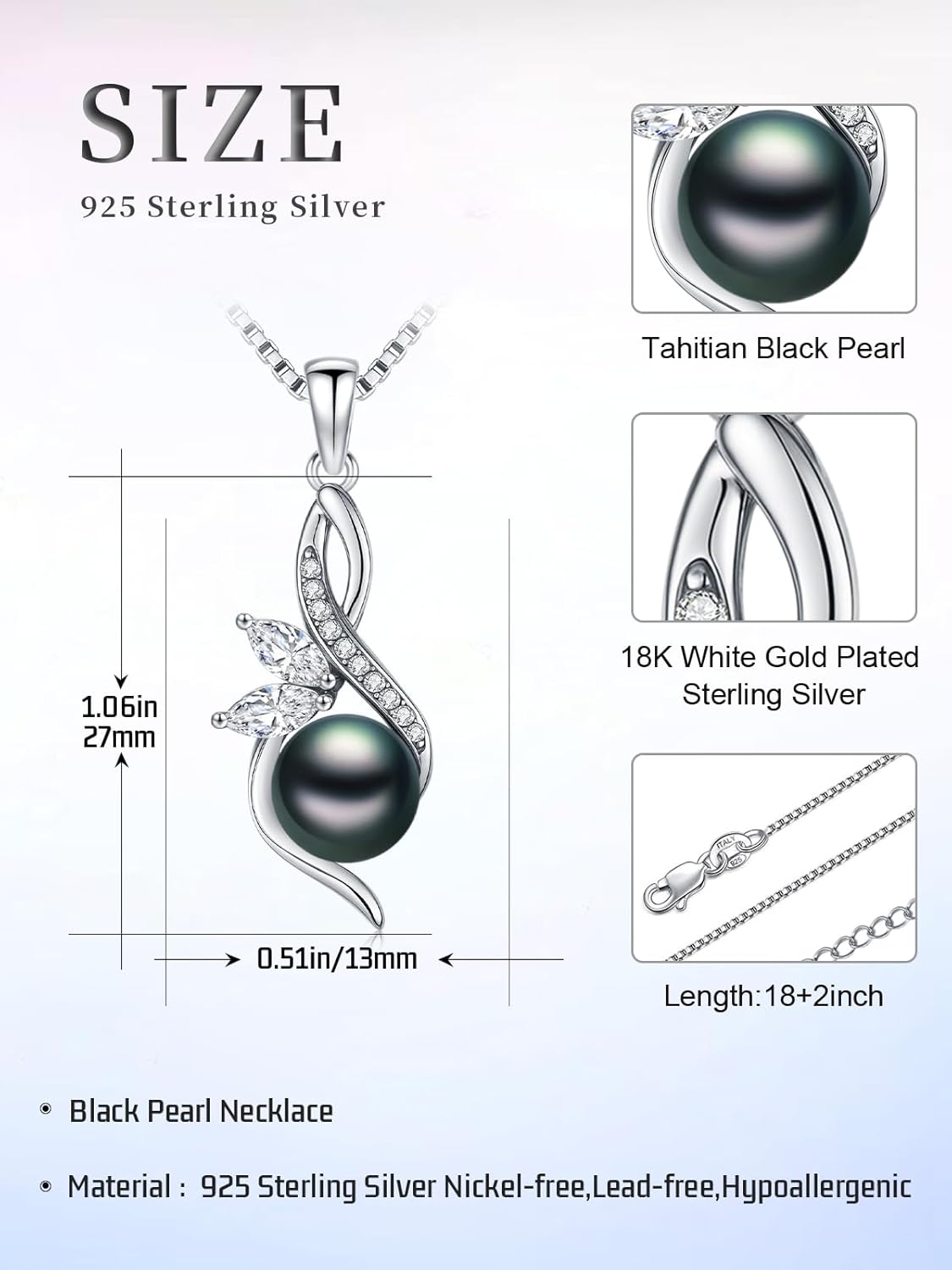 Tahitian Black Pearl AAAA 18K Gold Plated Sterling Silver Trendy Pendant Necklace for Women Wife Mom Girlfriend Valentine Her Jewelry Gift for Anniversary Birthday Christmas - Image 6