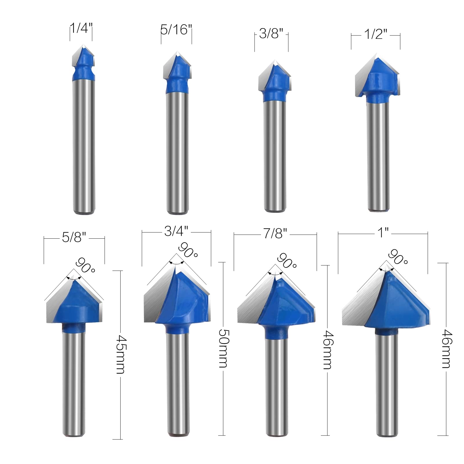 Fresa Biselado 45° Vástago 1/2" - 12.7mm Diámetro, Carburo Tungsteno, 2 Flautas