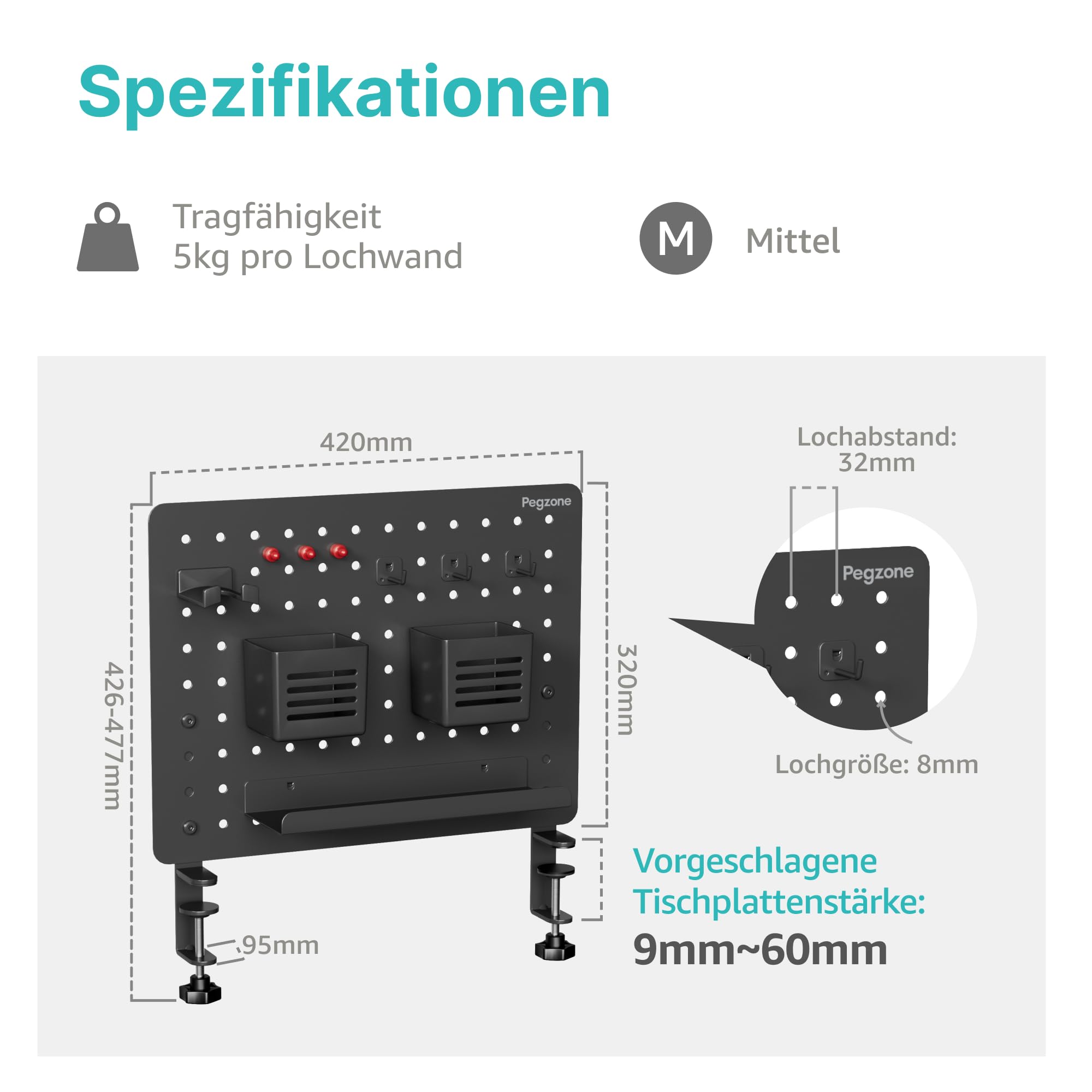 PEGZONE Pegboard Schreibtisch Organizer, Metall Lochwand Klemme, Schwarz