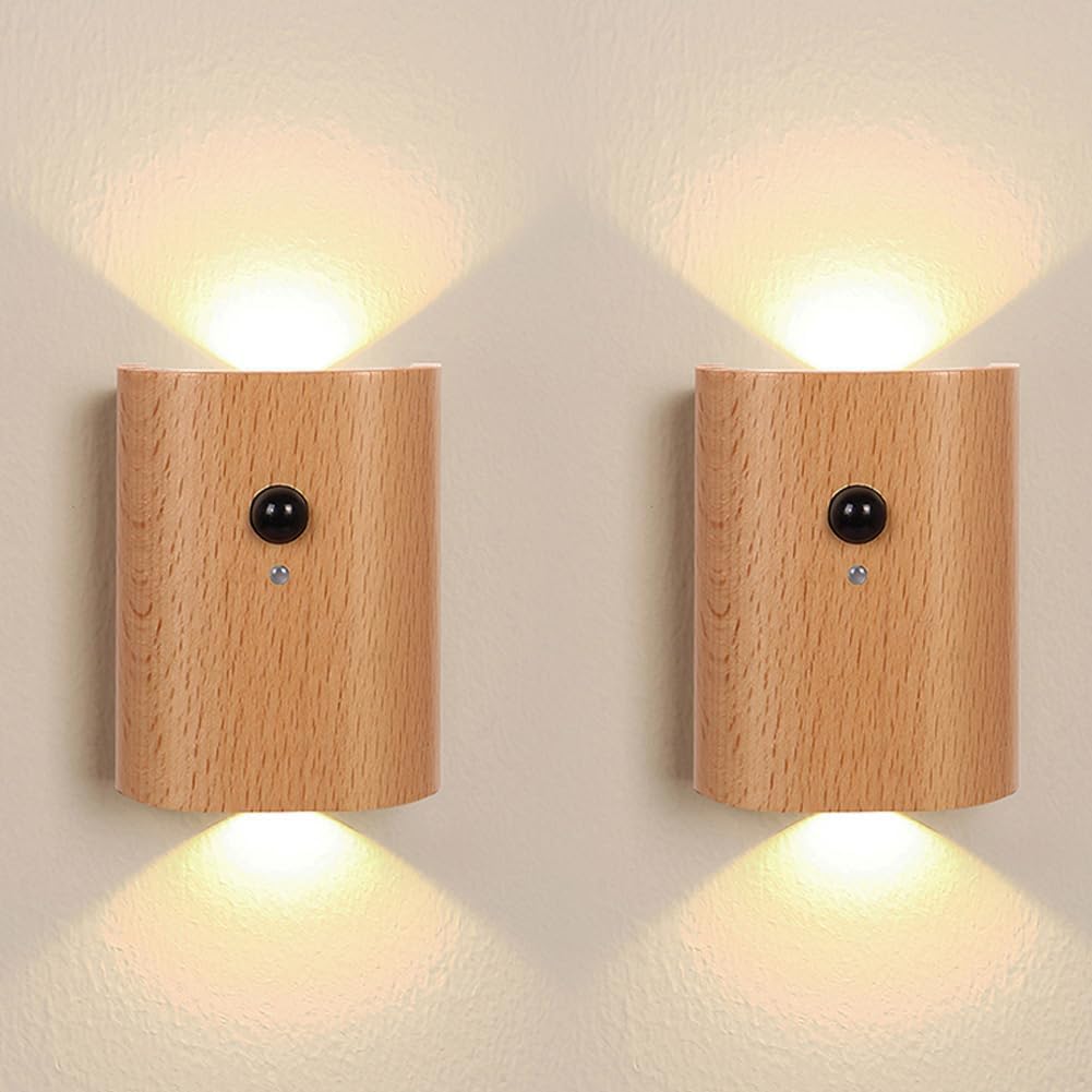 HBGFHG Motion Sensor LED Wall Lamp, Rechargeable Wooden Sconce Night Light, Battery Powered Wall Mount Bedroom Lighting(Beech Wood 2Pcs)