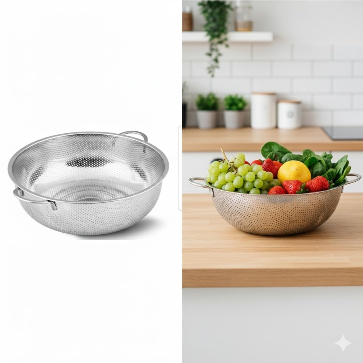 Premium 19 cm Paslanmaz Çelik Küçük Mutfak Süzgeci, Çift Kulplu Metal Pirinç Yıkama Kabı, Isıya Dayanıklı Delikli Meyve ve Sebze Süzme Kasesi (Gümüş)