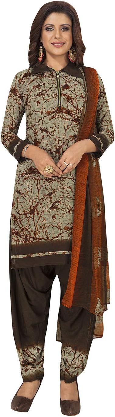Jevi Prints Women's Faux Crepe Brown Battik Print Wrinkle Free Dress Material (Varsha-2858_Brown_Free Size)