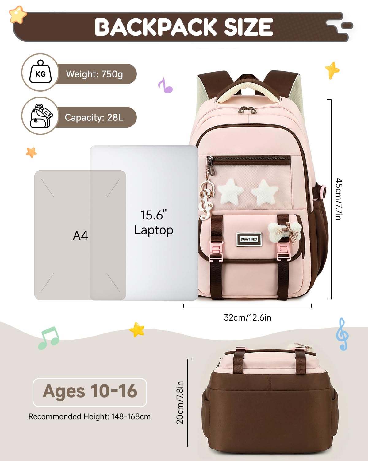 Schultasche Mädchen Schulrucksack Teenager - Wasserdichter Schulranzen für Mädchen - Modischer Rucksack mit Großer Kapazität für Schule Reisen (ab 10 Jahren), Rosa-Braun