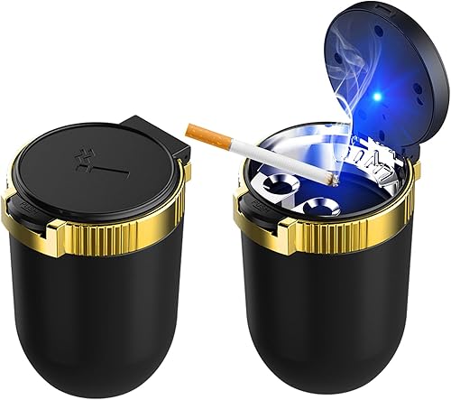 Miniatura 11 de Cenicero de coche con tapa, cenicero desmontable de acero inoxidable con luz LED azul, cenicero portátil mini para vehículo, portavasos, papelera a