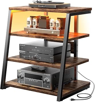 iSunirm HiFi Stand, AV Media Stand with Outlets, 4-Tier Media Console with LED Lights, Record Player Stand With Storage Shelves, Stereo Racks and Stands Media Audio Tower Cabinet, Brown